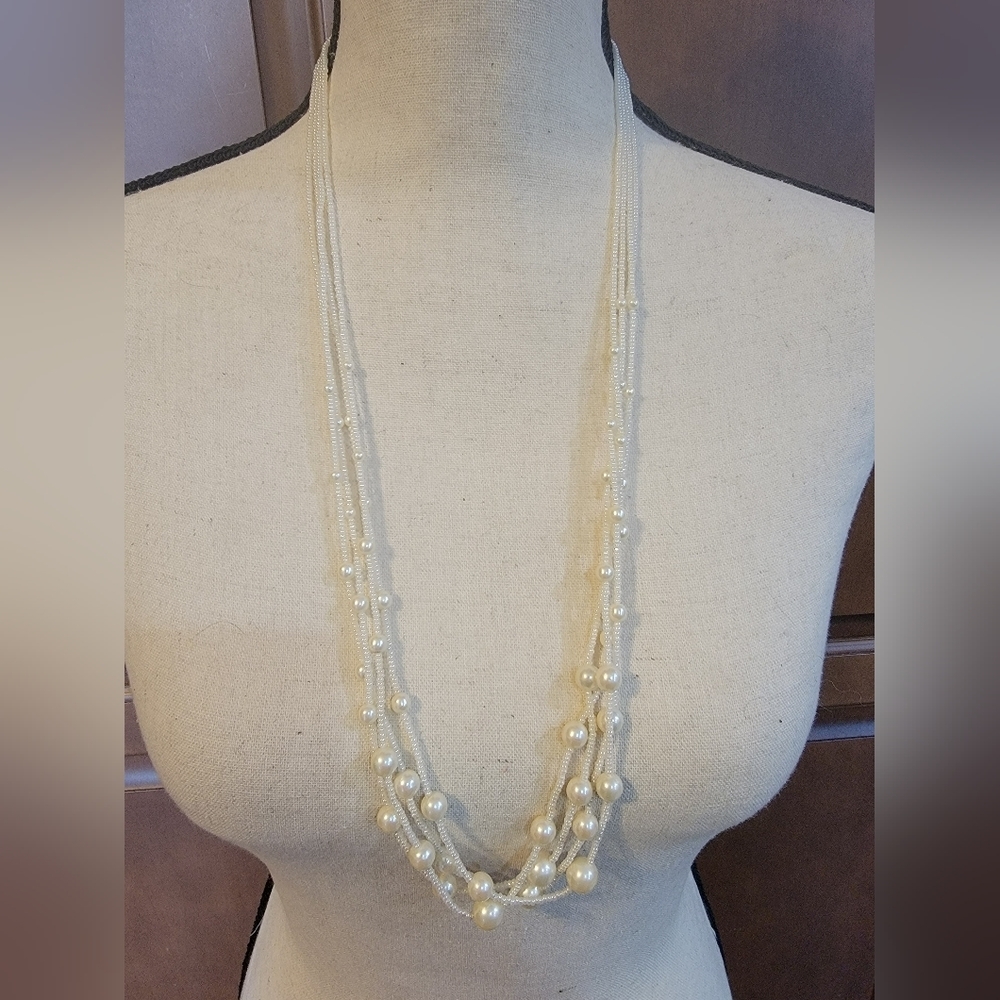 Vintage Trifari Multi Strand Faux Pearl Seed Bead Necklace 31”